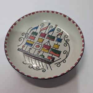 Greek Hand-Painted Ceramic Dish with Colorful Flags
